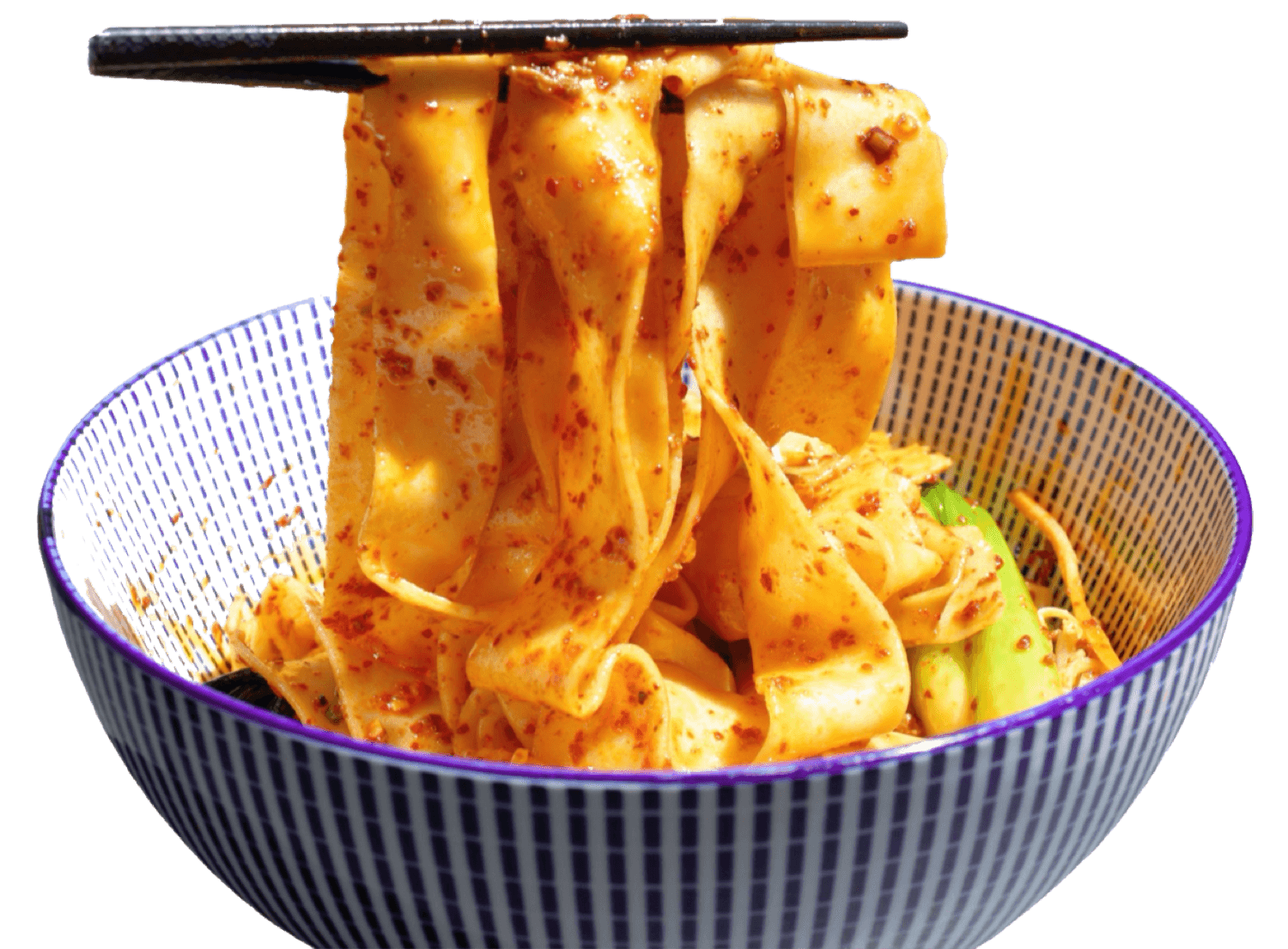 Heiße Chiliöl-Bandnudeln in der Big Bowl, mit Stäbchen hochgezogen
