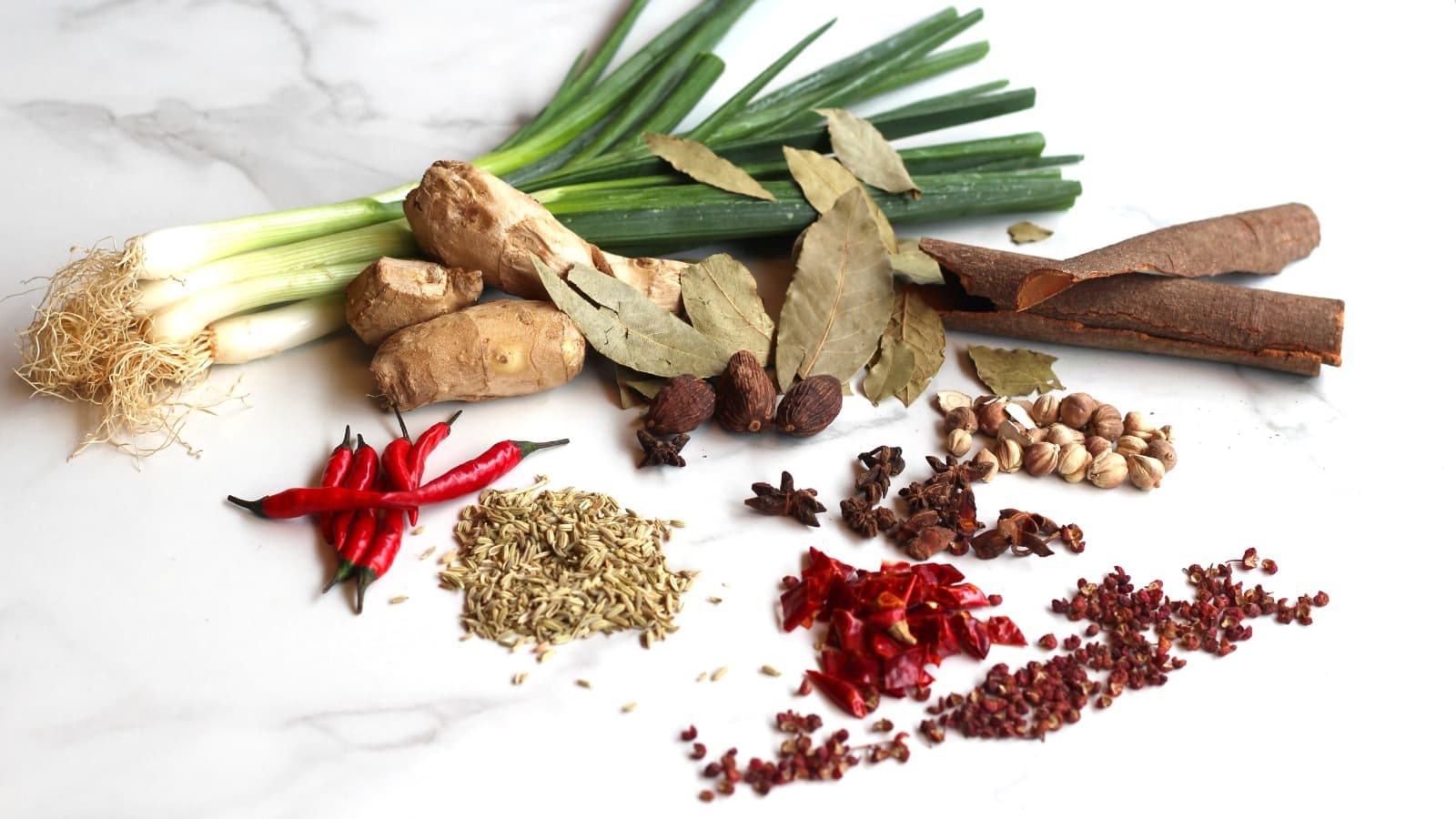 Sternanis, Chili, Sichuanpfeffer, Ingwer und Frühlingszwiebeln
